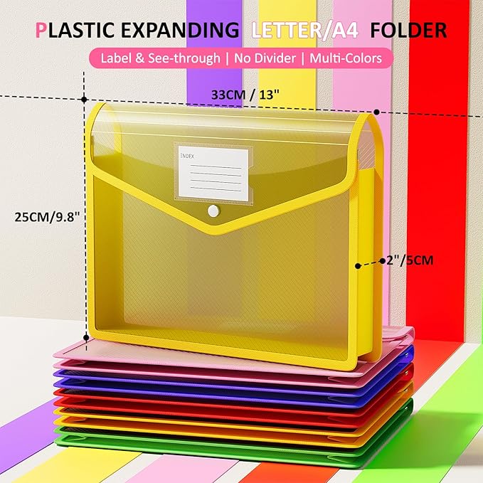 ThinkTex Plastic Expanding File Folders, Transparent Envelopes with Snap Closure, Suitable for Home, Office, School, Large Capacity, No Dividers, Dopamine 5-Color, Fits Letter/A4 Size - 5 Pack