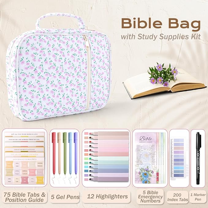 XKDOUS Large Bible Cover Case for Women Durable Carrying Book Case with Tabs, Handle & Pocket, Floral Bible Bags Study Supplies Organizer for Christian Gifts