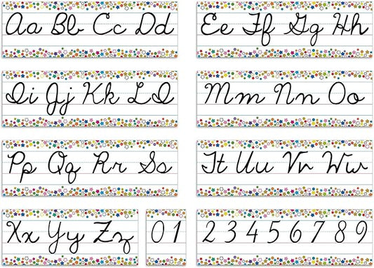 Set of 9 Confetti Cursive Writing Bulletin Board Colorful Cursive Alphabet Wall Strip for Teacher Supplies, Classroom Teaching Tool, Homeschooling, Kids Education