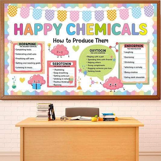 Mental Health Bulletin Board Set Happy Chemicals Poster Classroom Decoration Back to School Pastel Bulletin Boards Mental Wellness Paper Cutouts for Nurse Teacher Office Home Chalkboard Wall Decor