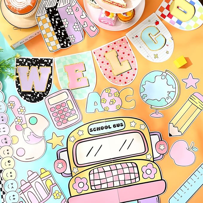 Pajean Composition Notebook Classroom Decor Welcome Back to School Bulletin Board Set Girl Style Welcome Banner Paper Cutouts Bulletin Board Borders Trim for First Day of School Classroom Wall Decor
