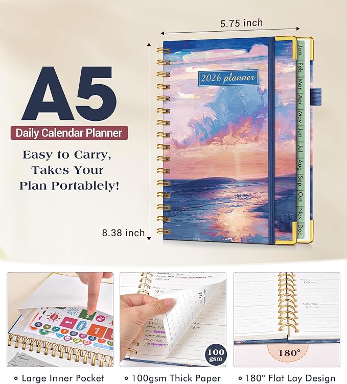 2026 Planner, Hardcover Weekly and Monthly Planner for Women, January 2026 - December 2026, Spiral Yearly Agenda Organizer Book 2026 with Tabs, Daily Calendar Planners for School Work Home, A5 (5.75" x 8.38"), Seaside Sunset