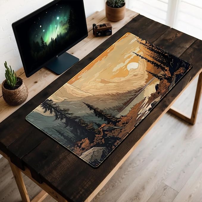 Sunset Mountains Desk Mat Aesthetic Large Mouse Pad XXL Extended Gaming Mousepad Nature Landscape Big Mouse Mat Computer Laptop Desktop Pad Keyboard Mat Desk Decor 31.5x15.7 in