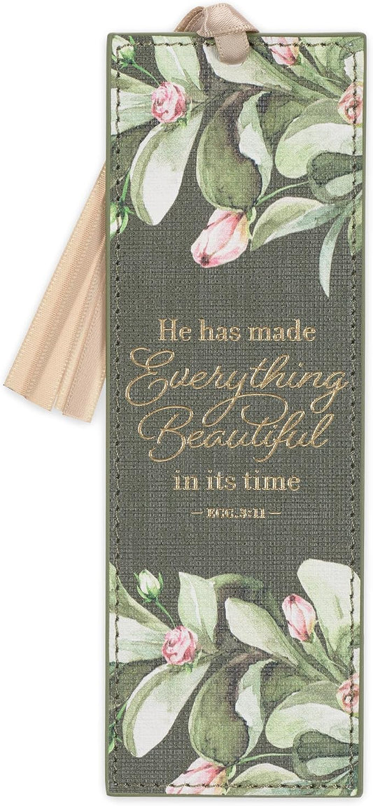 Christian Art Gifts Premium Inspirational Scripture Vegan Leather Bookmark for Women: Everything Beautiful Encouraging Golden Bible Verse, Tan Satin Ribbon, Read Books, Save Pages, Forest Green Floral