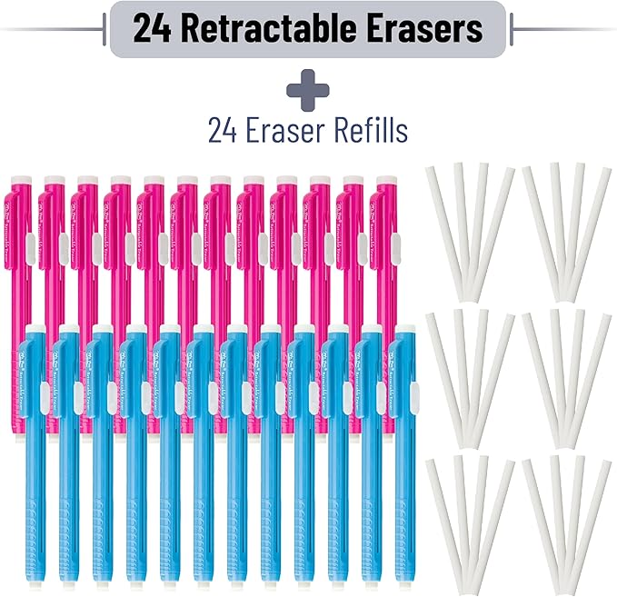 Mr. Pen- Retractable Mechanical Eraser Pens, 24 Pack, Pink & Blue Barrels, Bulk Latex-Free Precision Pencil Erasers for Artists, Students, Drawing, Sketching & Drafting