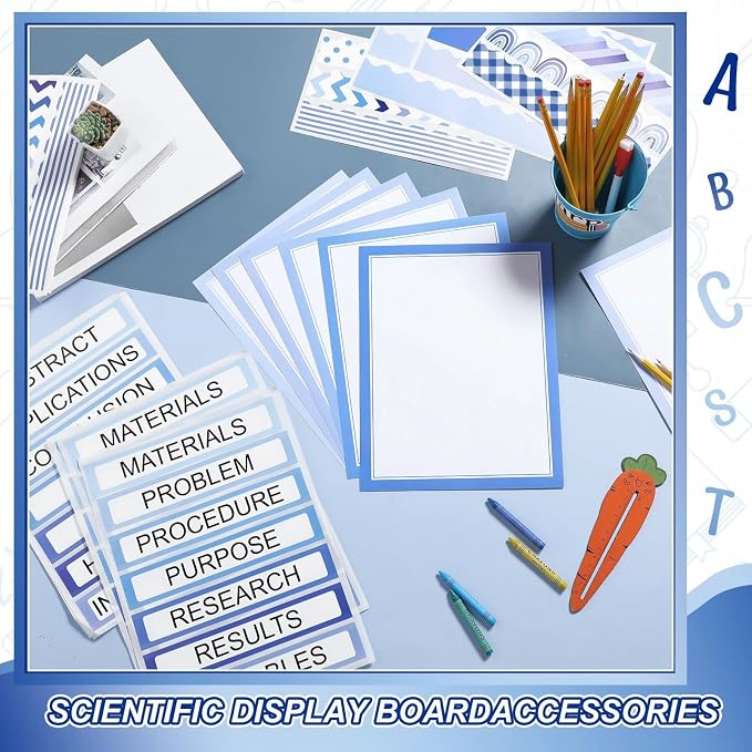 Fuyoooo 90 Pcs Science Fair Board Supplies 60 Trim Scalloped Bulletin Board Borders 24 Presentation Board Subtitles 6 Science Fair Titles for Classroom Display Boards (Blue Boho)