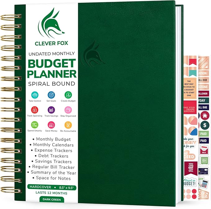 Clever Fox Budget Planner – Coiled Finance Book, Monthly Financial Journal, Budgeting Organizer & Expense Tracker Notebook, 8.5x9.5″ (Dark Green)
