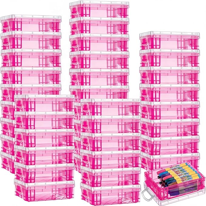 Suzile 40 Pcs Plastic Crayon Boxes Holds 24 Crayon with Snap Lid Storage Container Clear Stackable Case for School Office Classroom Supplies Pen Pencil Craft(Red)