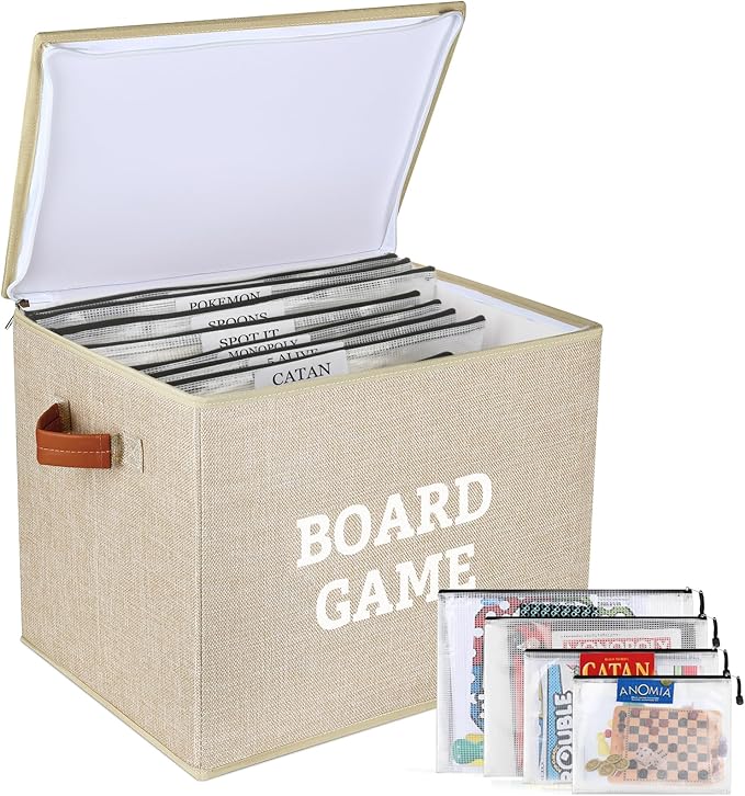 Board Game Storage Kit Include Storage Basket and 10pcs Zipper Bags, Board Game Organizer with Writable Stickers and Dispensing, Suitable for Puzzle, Document (1 Pack-Beige-Large)