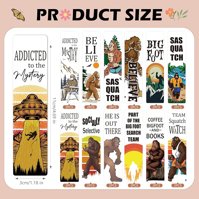 Sasquatch UV DTF Bookmark Wraps - 24 Sheets He is Out There Mysterious Bigfoot Blank Acrylic Bookmark Stickers, Socially Selective Rub on Transfer Decals for Book Lovers