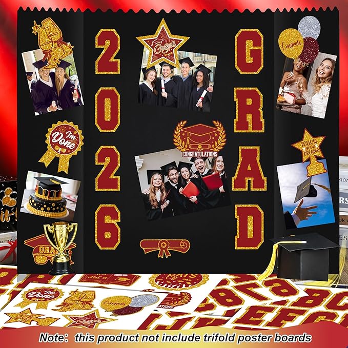 AmazingSpark 2 Sets Graduation Photo Display Board Trifold Poster Board with 12 Graduation Themed Stickers for 2026 Grad Party Decoration Picture Collage Frame Supplies (40 x 28,Red Gold)