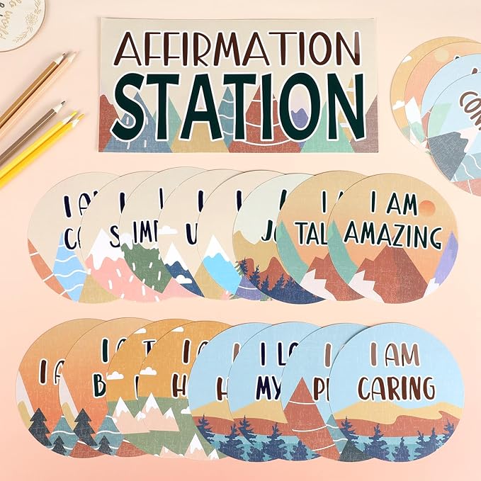 Mountains Affirmation Station Bulletin Board Set Positive Bulletin Board for Classroom Growth Mindset Decoration Inspirational Motivational Accent Cutouts for Home School Teacher Wall Mirror Supply
