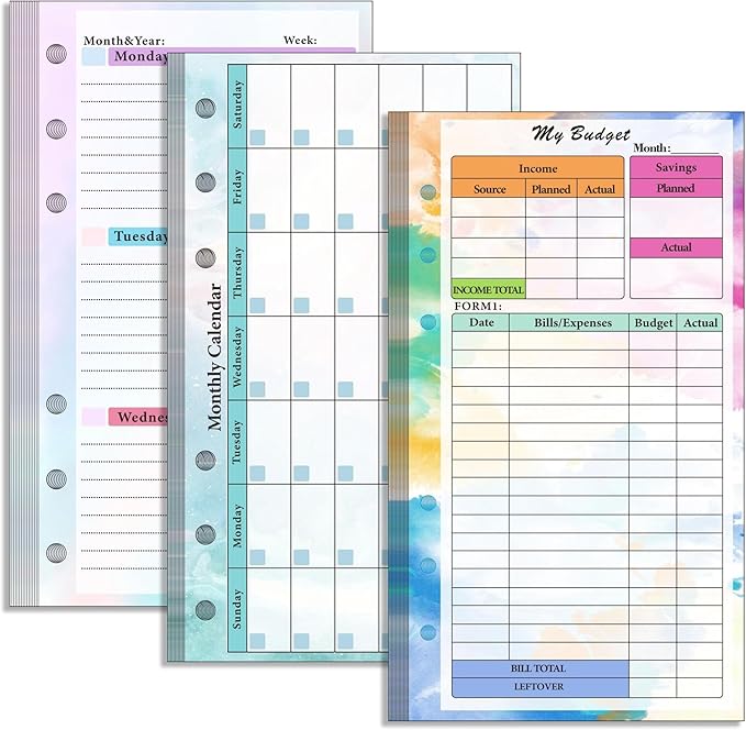 Toplive 3 Pack A6 Planner Refill Paper & Budget Sheets, Monthly Weekly Planner Losse Leaf Inserts 6 Hole Expense Tracker or A6 Planner Binder Cover Budget Bill Saving Organizer, Colorful 3 Pack