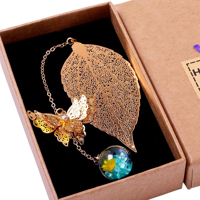 Toirxarn Metal Leaf Bookmark with Butterfly Charm – Christmas Stocking Stuffer for Women & Teachers – Cute Small Gift for Book Lovers & Holiday Inspiration