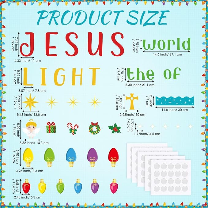 82 Pcs Christmas Religious Bulletin Board Decorations Colorful Light Bulb Jesus the Light of the World Cutouts Xmas Christian Faith Bulletin Board for Sunday School Classroom Decoration