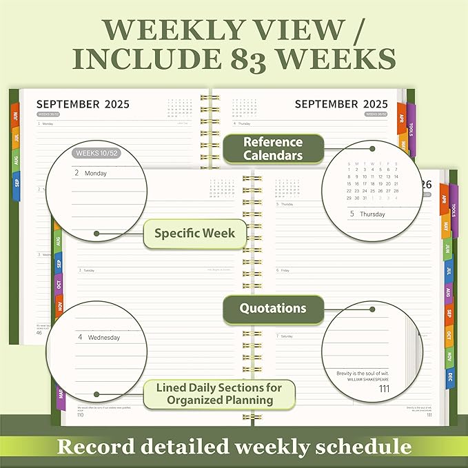 19 Months Planner, 2026 Weekly & Monthly Planner, 8.5"×11" Daily Weekly Monthly Calendar Planner, June 2025-Dec 2026 Organizers with Habit Tracker for School & Office, Colored Tabs, Stickers, Pocket, Ruler Bookmark-Green
