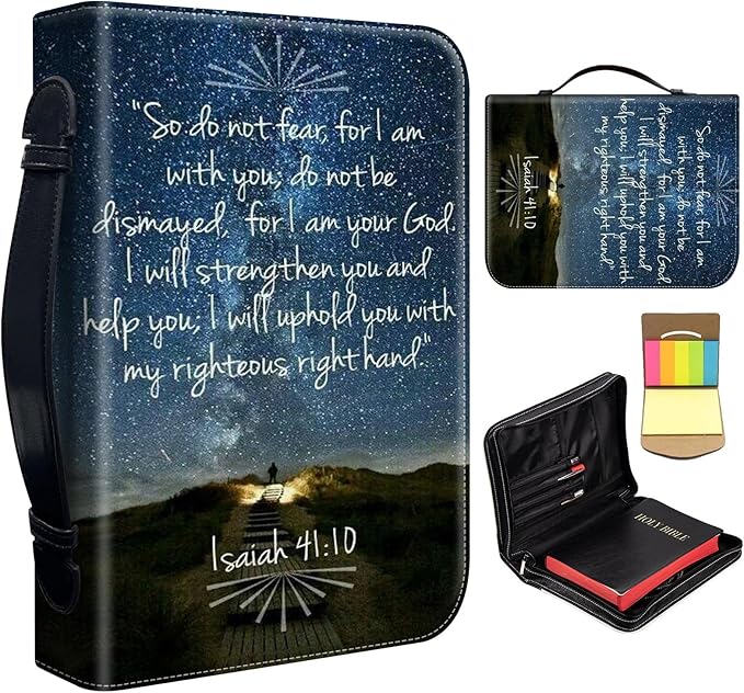 Bible Cover for Men,Large Leather Bible Case Fit Book Up to 11x8x2 Inch,Quotes Verse Isaiah 41:10 Bible Study Carrier Church Bags w/Handle & Zipper