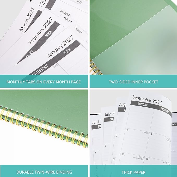 2026-2028 Monthly Planner, 2 Year Monthly Planner/Calendar 2026-208, Jul 2026 – Jun 2028, 9" x 11", Tabs, Double-Side Pocket, Holidays, Thick Paper - Dark Green