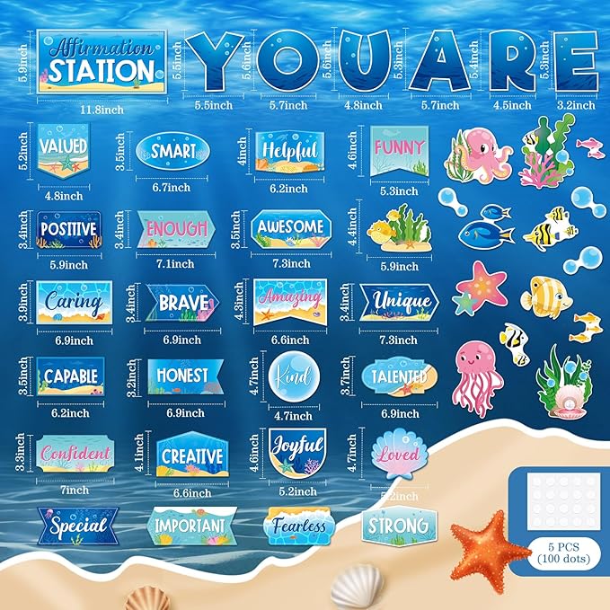 45 Pcs Ocean Affirmation Station Bulletin Board Set Motivational Posters Classroom Mirror Growth Mindset Decor Positive Affirmations Accents Cutouts for School Office Home Teacher Wall