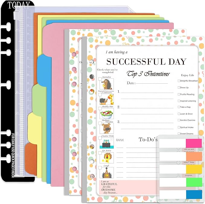 Rancco A5 Planner Inserts Daily Planner To Do List Refills, 90 Sheet 180 Page 6-Hole Successful Day Refills w/Binder Divider, Pouch, Ruler, Index Tab for Filofax, Journal, Undated,5.7x8.3inch