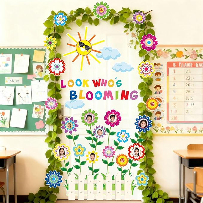 FYSUIMU 73Pcs Spring Classroom Door Decoration Bulletin Board Set Colorful Flower Blooming Growth Mindset Paper Cutouts for School Classroom Chalkboard Wall Door Photo Decor