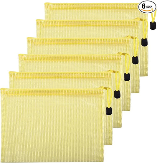 6 Pcs 9.25" x 6.69" A5 Sizes Mesh Zipper Pouch Bags, Mesh Bags with Zipper，Waterproof Clear document pouch for Organization Puzzles Travel, Office, Classroom Organization, A5 Yellow