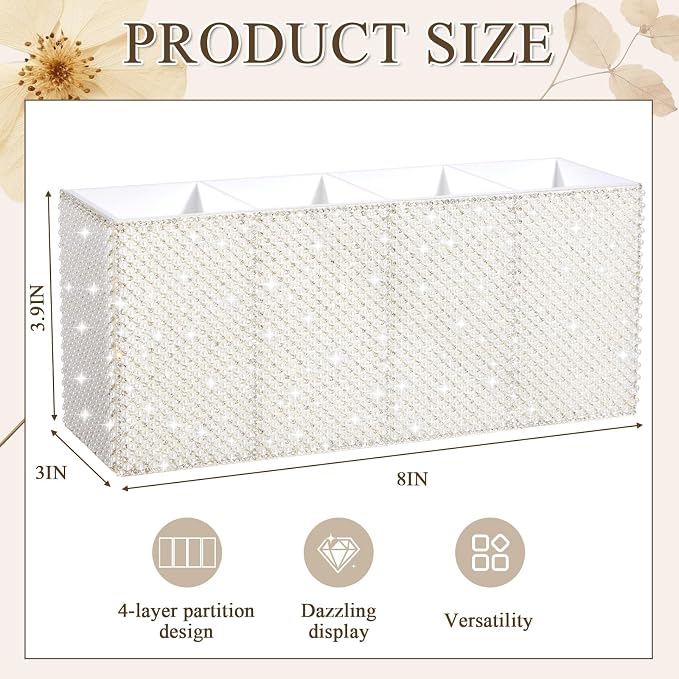 Bling Desk Organizer for Women, Rhinestone Pen Makeup Brush Holder, Girly Desk Accessories Organizer for Office Classroom Elevate Your Workspace with Serenity (Pearl,White)