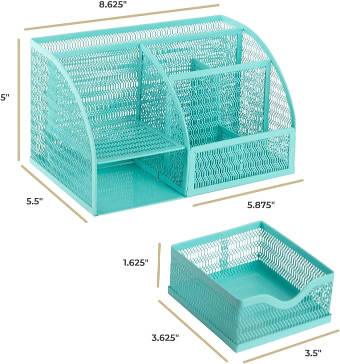 BLU MONACO Aqua Desk Organizer | Metal Turquoise Stationery Holder With Drawer and Compartments | Desktop Storage for School, Bedroom, Locker and Home | 5.5”D x 8.6”W x 5”H Accessory Caddy