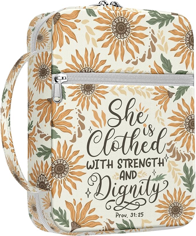 Sunflower Bible Cover for Women with Handle and Zipper, Scripture Verse Proverbs 31 25, Canvas Bible Case, Fits Standard Size Bible, Christian Gift for Mom Girls Bible Study Church Use