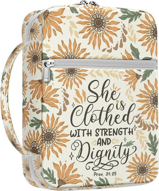 Sunflower Bible Cover for Women with Handle and Zipper, Scripture Verse Proverbs 31 25, Canvas Bible Case, Fits Standard Size Bible, Christian Gift for Mom Girls Bible Study Church Use