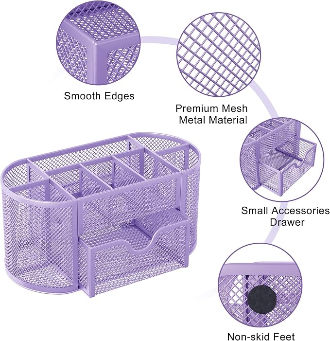 EasyPAG Mesh Pen Holder Desk Organizer with Drawer Stationery Supplies Organizer for Dorm School 9 Compartments Workspace Desk Accessories Organization for Office, Light Purple