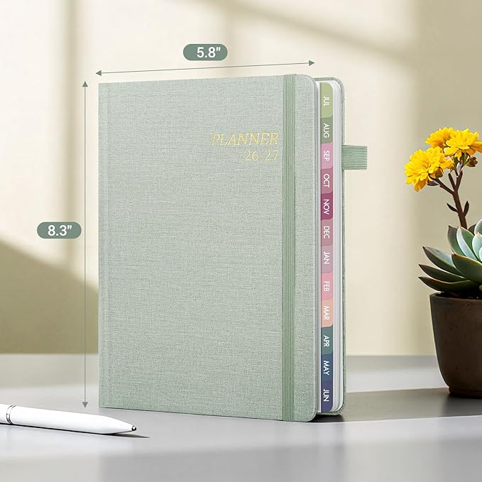 2026-2027 Planner Weekly and Monthly, Jul 2026 - Jun 2027, A5 Linen Cover Calendar Planner 2026-2027, Agenda Book with Colorful Monthly Tabs, Inner Pocket (5.8" x 8.3", Green)