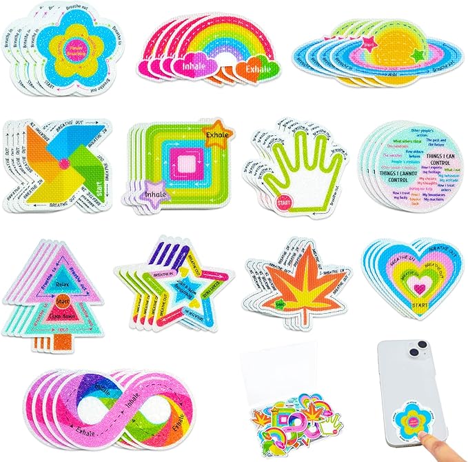 48 Pieces Anxiety Sensory Stickers with Storage Box - Calming Strips with 2 Textured Stickers for Adults & Teens Desk Fidge