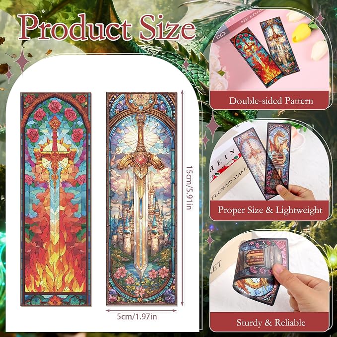 Sword Dragon Bookmark Gifts - 10 Pcs Stained Glass Sword Transparent Bookmark Fantasy Dragon Flower Book Mark Page Clips Gifts for Women Men Book Lovers Teacher Student Bookish Reader