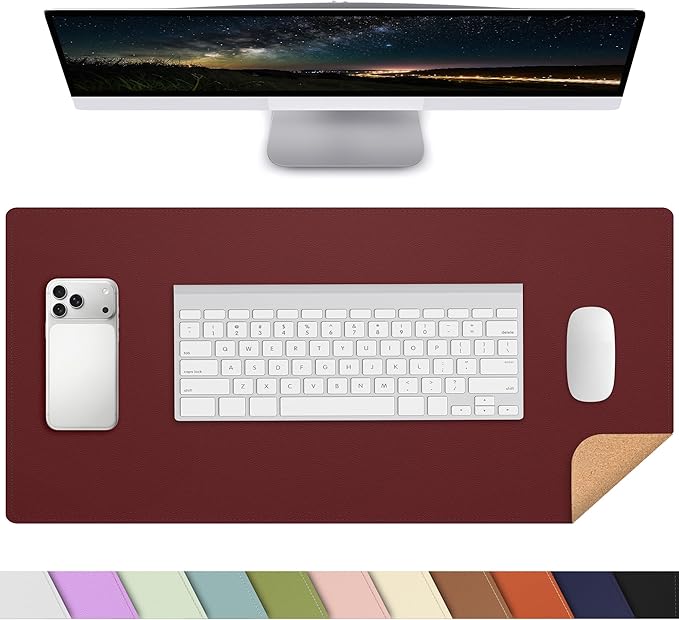 AFIING Leather Desk Pad Protector, 23.6" x 13.7", Red | Large Mouse Pad, Dual-Sided PU Leather & Natural Cork, Non-Slip, Waterproof, For Office and Home