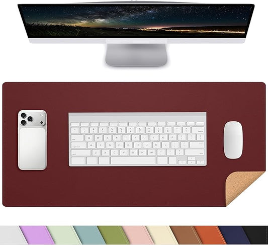AFIING Leather Desk Pad Protector, 23.6" x 13.7", Red | Large Mouse Pad, Dual-Sided PU Leather & Natural Cork, Non-Slip, Waterproof, For Office and Home