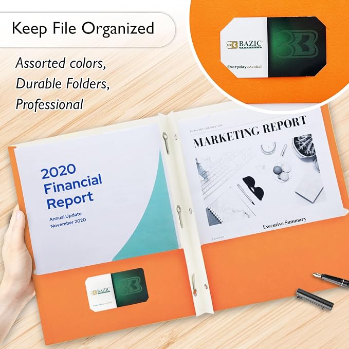 BAZIC Products Asst. Color 2-Pocket Portfolios with 3-Prong Fastener, for Filing Office Home, Case of 100