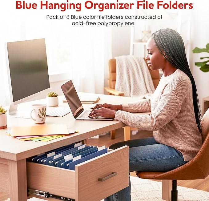 Blue Hanging File Folders – 8 Pack, Letter Size File Organization Folders for Home, Office, School & Filing Cabinets