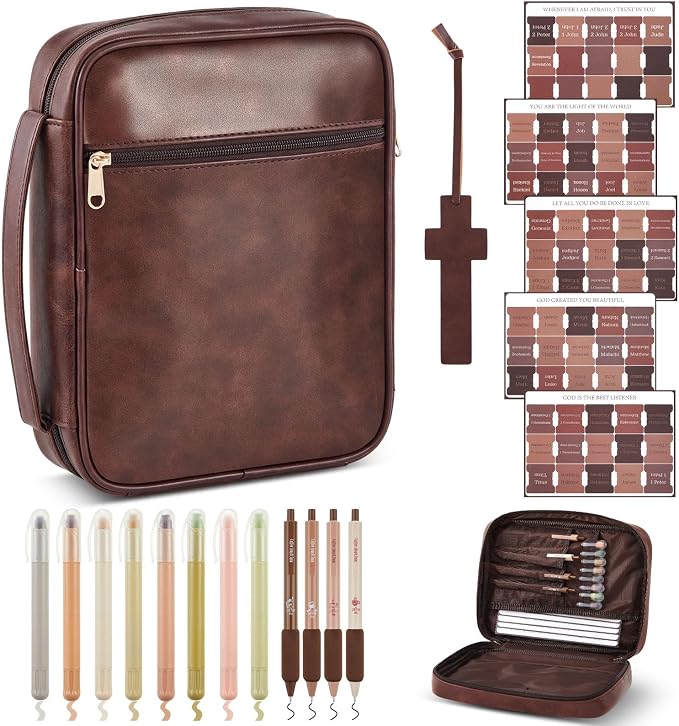 Sinload Bible Cover Kit for Men – Journaling Set with Highlighters, Pens, Tabs & Bookmark – Portable Men's Bible Leather Bag，Father Day Christian Gift for Dad(Vertical Style)