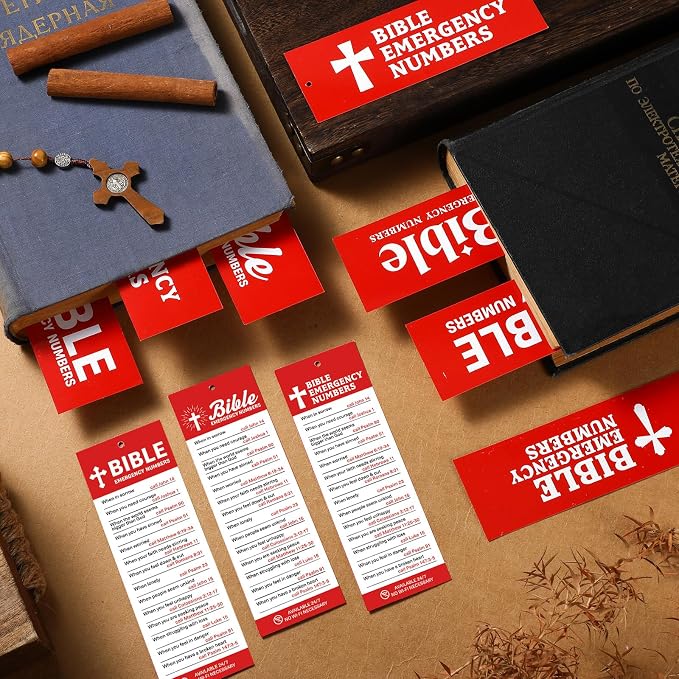 Cholemy 60 Pcs God's Emergency Numbers Bookmark for Kids Paper Religious Catholic Tassel Bible Verse Christian Bookmarks Bulk with Red Ribbon for VBS Sunday School Classroom Church Gifts
