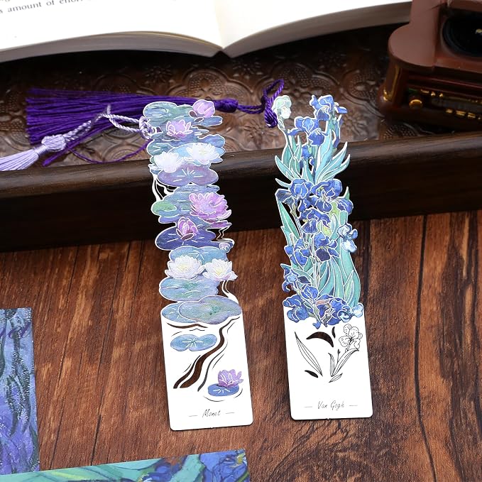 2 Metal Bookmarks with Tassel, Oil Painting Water Lilies and Irises