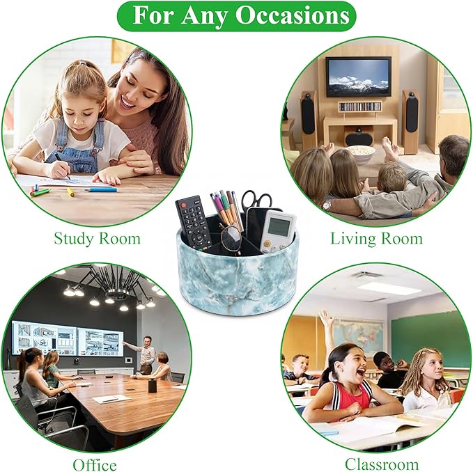 Remote Control Holder, 360°Spinning PU Leather Desk TV Remote Caddy,Desk Storage Box Room Accessories for Controller, Media,Mail,Calculator, Mobile Phone,Pencil(1-Big Marble Green)
