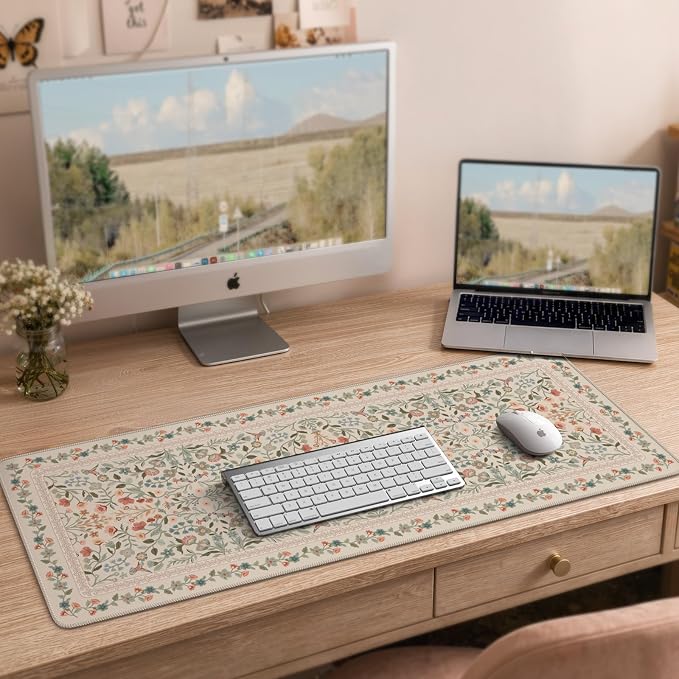 iCasso Aesthetic Floral Desk Mat, L Mouse Pads, Anti-Slip Mousepad with Stitched Edges, Waterproof Computer Pad 11.8"x31.5", Desk Accessories Office Decor for Women(Beige)