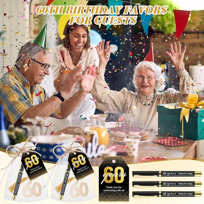 Spakon 25 Set 60th Birthday Party Favor for Guest Anniversary Party Favor Golden Birthday Bookmark Thanks Coming Pen with Tag Appreciation Gifts for Women Men Wedding Anniversary