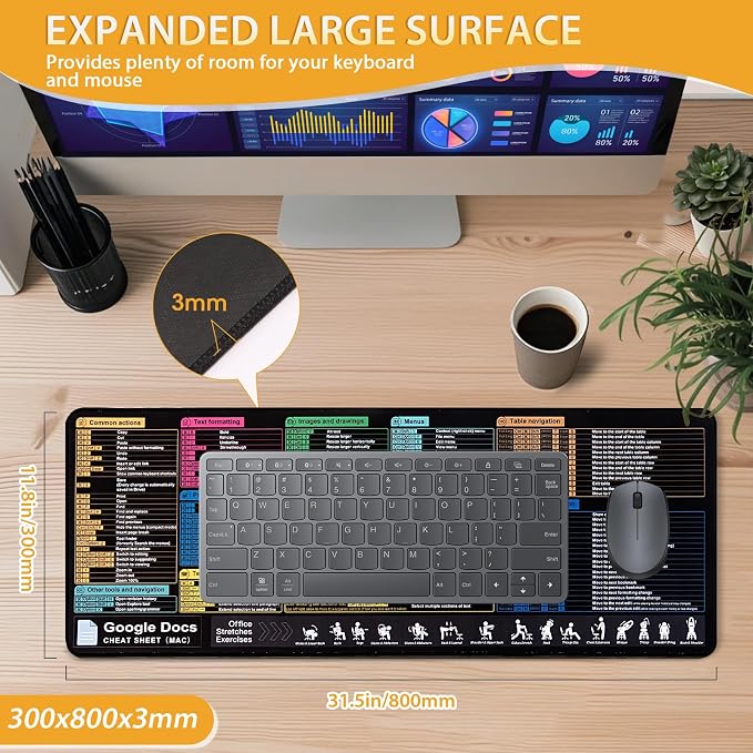 Google Docs Cheat Sheet Mouse Pad, Large Mousepad for Google Docs Shortcuts, Extended Gaming Pad for Mouse and Keyboard, High Definition Printing, Stitching,Washable, Anti Slip (MAC)