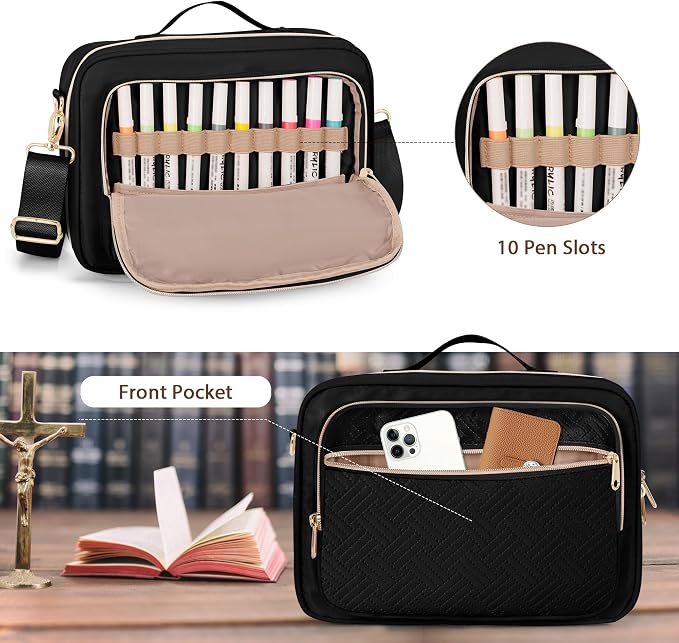 Bible Cover Case for Women, Large Bible Church Bag with Strap, Bible Carrying Case Book Protector with Handle, Black(Empty Bag Only)