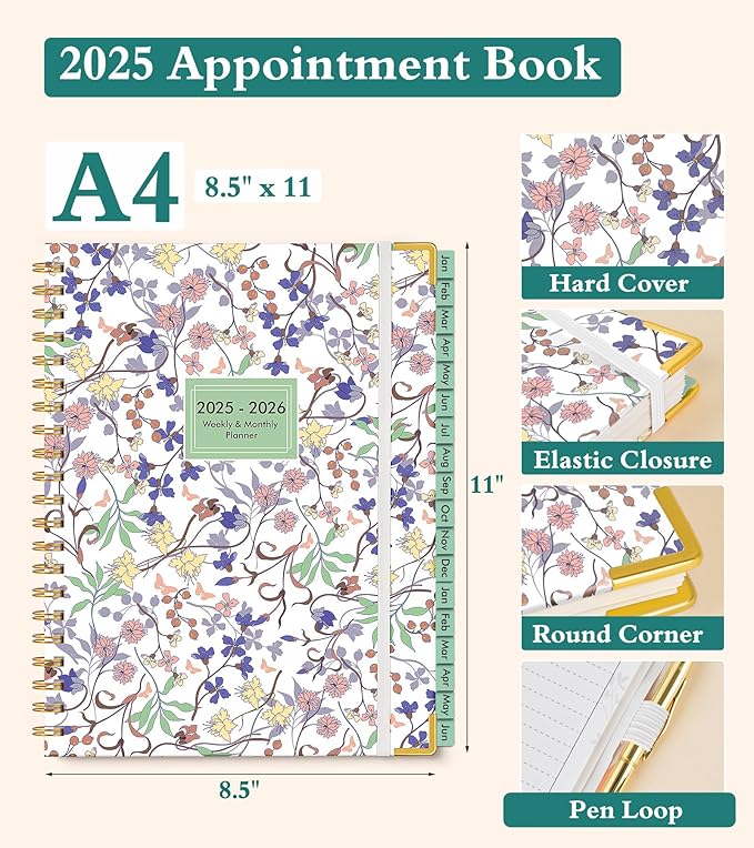 2026 Appointment Book, Hardcover Planner 12 Months Weekly and Monthly (January 2026 - December 2026), 8.5"x11" Daily Hourly Planner 60-Minute time Slots, Spiral Calendar Schedule Book for Work School Teacher Student, Purple Floral
