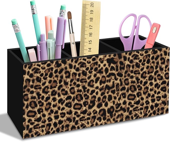Trendy Retro Leopard Print Pen Pencil Holder for Desk, Funky Cheetah Wooden Box Office Desk Accessories, Leopard Print Pen Holders Organizer for Women, Cheetah Room Decor