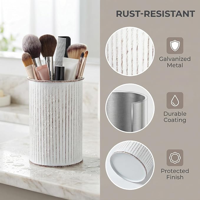 Metal Pen Holder with Vertical Groove Design, Multipurpose Desk Organizer Cup for Pens, Makeup Brushes, Utensils, Straws & Small Vase, Dark Grey