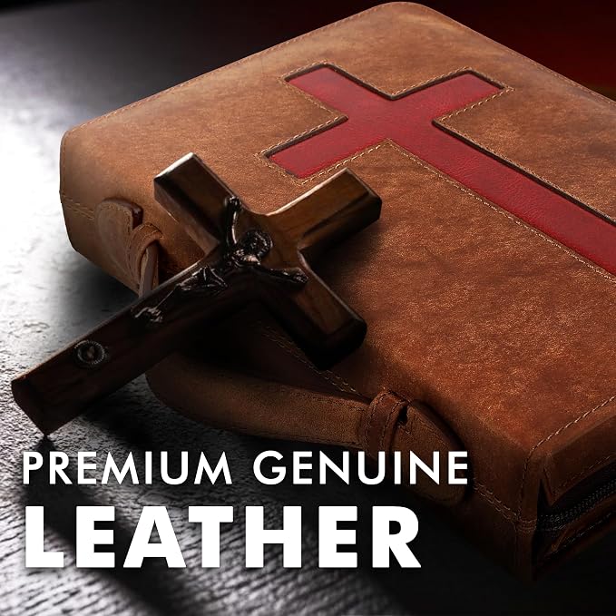ELIZO Leather Bible Cover Bible Case for Men Women Genuine Leather Bible Bag Holder Cross Large Carrying with Zipper Case Protector Christian Religious Gifts for Mens Pioneer (Saddle Red/Small)